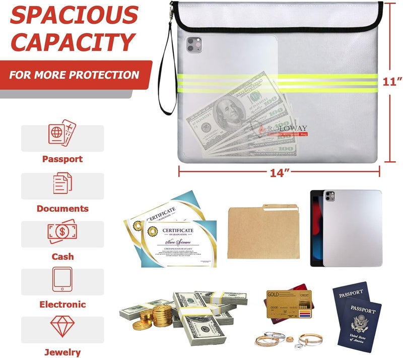 ROLOWAY Fireproof Document Bag (14 x 11 inch) with 5200℉ Upgraded Aluminum Foil Layer, Fireproof Bag for Documents with Reflective Strip and Zipper (Silver) - Image 5